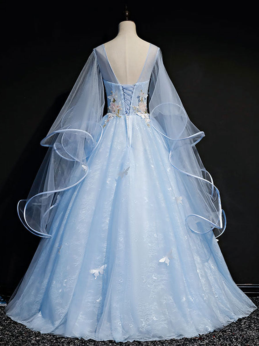 Bridesmaid Dresses Fall Color, Blue Round Neck Tulle Lace Long Prom Dresses, Blue Sweet 16 Dresses