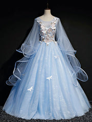 Bridesmaid Dresses Fall Colors, Blue Round Neck Tulle Lace Long Prom Dresses, Blue Sweet 16 Dresses