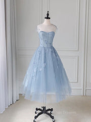 Wedding Bouquet, Blue round neck tulle lace short prom dress, blue homecoming dress