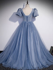 Party Dresses Night Out, Blue Round Neck Tulle Sequin Beads Long Prom Dress, Blue Evening Dress