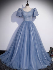 Party Dress Mid Length, Blue Round Neck Tulle Sequin Beads Long Prom Dress, Blue Evening Dress