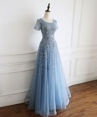 Homecomming Dresses Long, Blue Round Neck Tulle Sequin Beads Long Prom Dress Blue Tulle Formal Dress