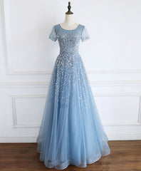 Homecomeing Dresses Long, Blue Round Neck Tulle Sequin Beads Long Prom Dress Blue Tulle Formal Dress