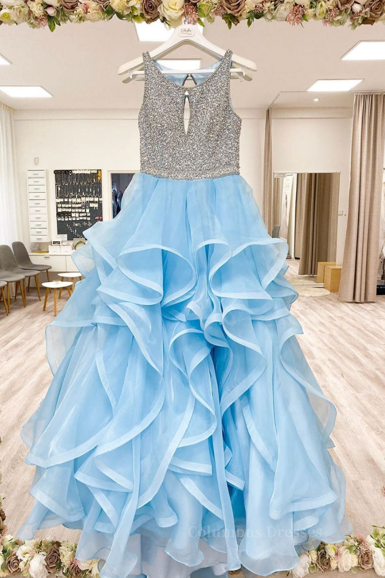 Prom Dress Unique, Blue round neck tulle sequin long prom dress blue tulle formal dress