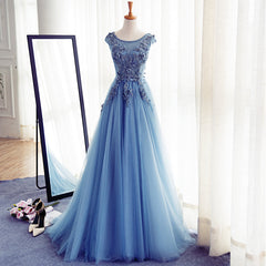 Homecoming Dresses Long, Blue Round Neckline Long Applique Elegant Senior Formal Dress, Long Party Gowns