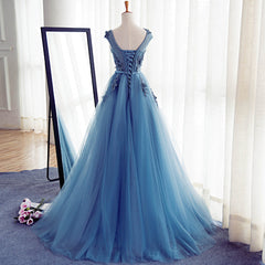 Homecoming Dress Short, Blue Round Neckline Long Applique Elegant Senior Formal Dress, Long Party Gowns