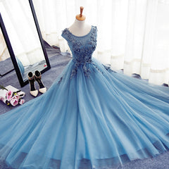 Homecoming Dresses Short, Blue Round Neckline Long Applique Elegant Senior Formal Dress, Long Party Gowns