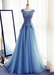 Long Dress Design, Blue Round Neckline Long Applique Elegant Senior Formal Dress, Long Party Gowns