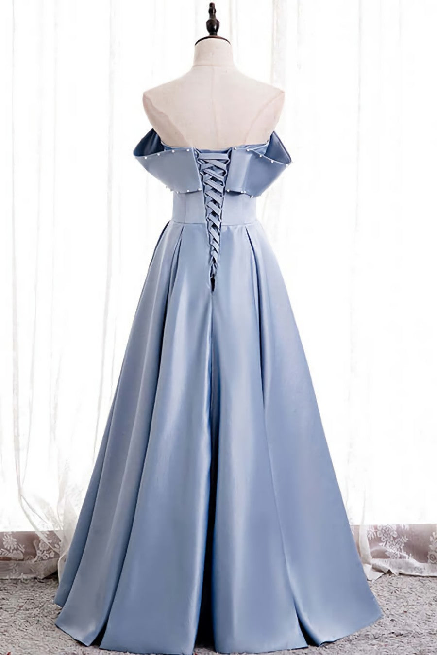 Evening Dress With Sleeves Uk, Blue Satin A-line Off-the-Shoulder Beaded Prom Dresses,evening party dress