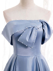 Evening Dress Suit, Blue Satin A-line Off-the-Shoulder Beaded Prom Dresses,evening party dress