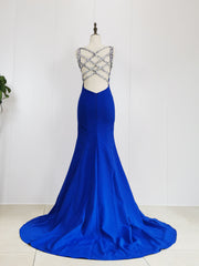 Evening Dress For Wedding, Blue Satin Beads Long Mermaid Prom Dress Blue Formal Dress
