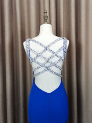 Evening Dresses 90019, Blue Satin Beads Long Mermaid Prom Dress Blue Formal Dress