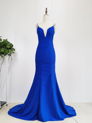 Evening Dress For Weddings, Blue Satin Beads Long Mermaid Prom Dress Blue Formal Dress