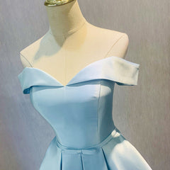 Bridesmaid Dresses Peach, Blue Satin Cute Short Homecoming Dress, Off Shoulder Party Dress