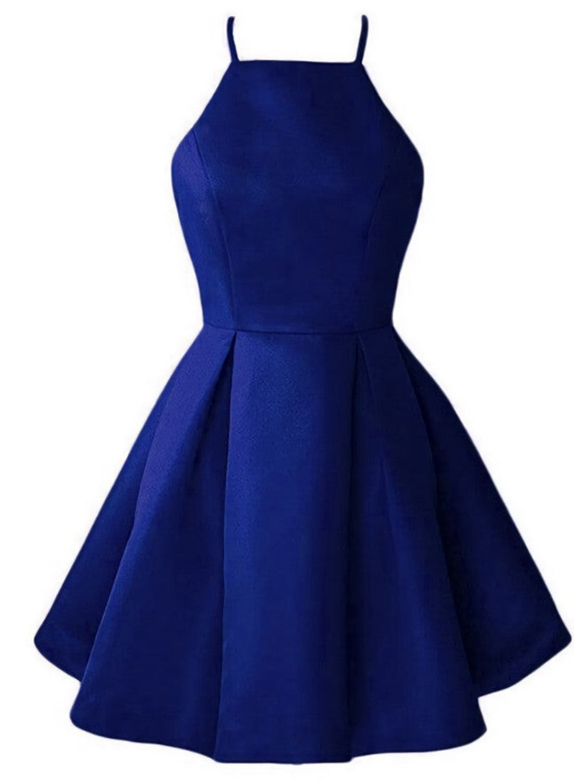 Formal Dresses Over 41, Blue Satin Halter Knee Length Bridesmaid Dress, Royal Blue Homecoming Dress