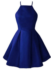 Formal Dresses Midi, Blue Satin Halter Knee Length Bridesmaid Dress, Royal Blue Homecoming Dress