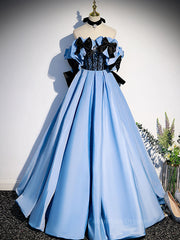 Debutant Dress, Blue satin lace long prom dress blue satin evening dress