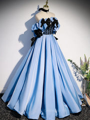 On Piece Dress, Blue satin lace long prom dress blue satin evening dress
