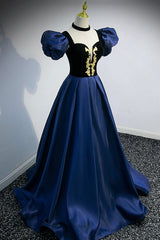 10 Th Grade Dance Dress, Blue Satin Lace Long Prom Dress, Blue Short Sleeve Evening Party Dress