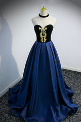 Dark Red Dress, Blue Satin Lace Long Prom Dress, Blue Short Sleeve Evening Party Dress