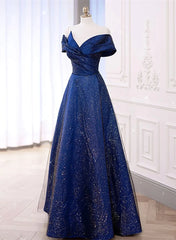 Bridesmaids Dress Colors, Blue Satin Long A-line Formal Dress Prom Dress, Off Shoulder Blue Evening Dress