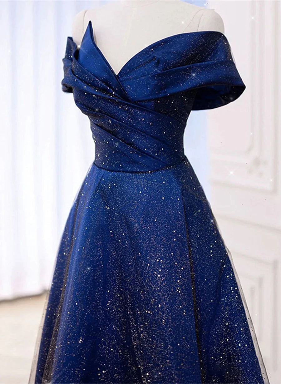 Bridesmaids Dresses Colorful, Blue Satin Long A-line Formal Dress Prom Dress, Off Shoulder Blue Evening Dress