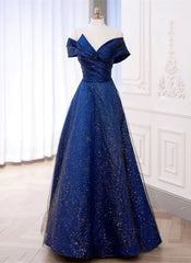 Bridesmaid Dress Colorful, Blue Satin Long A-line Formal Dress Prom Dress, Off Shoulder Blue Evening Dress
