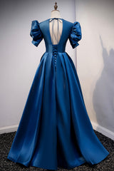 Prom Dress Size 17, Blue Satin Long A-Line Prom Dress, Elegant Short Sleeve Party Dress