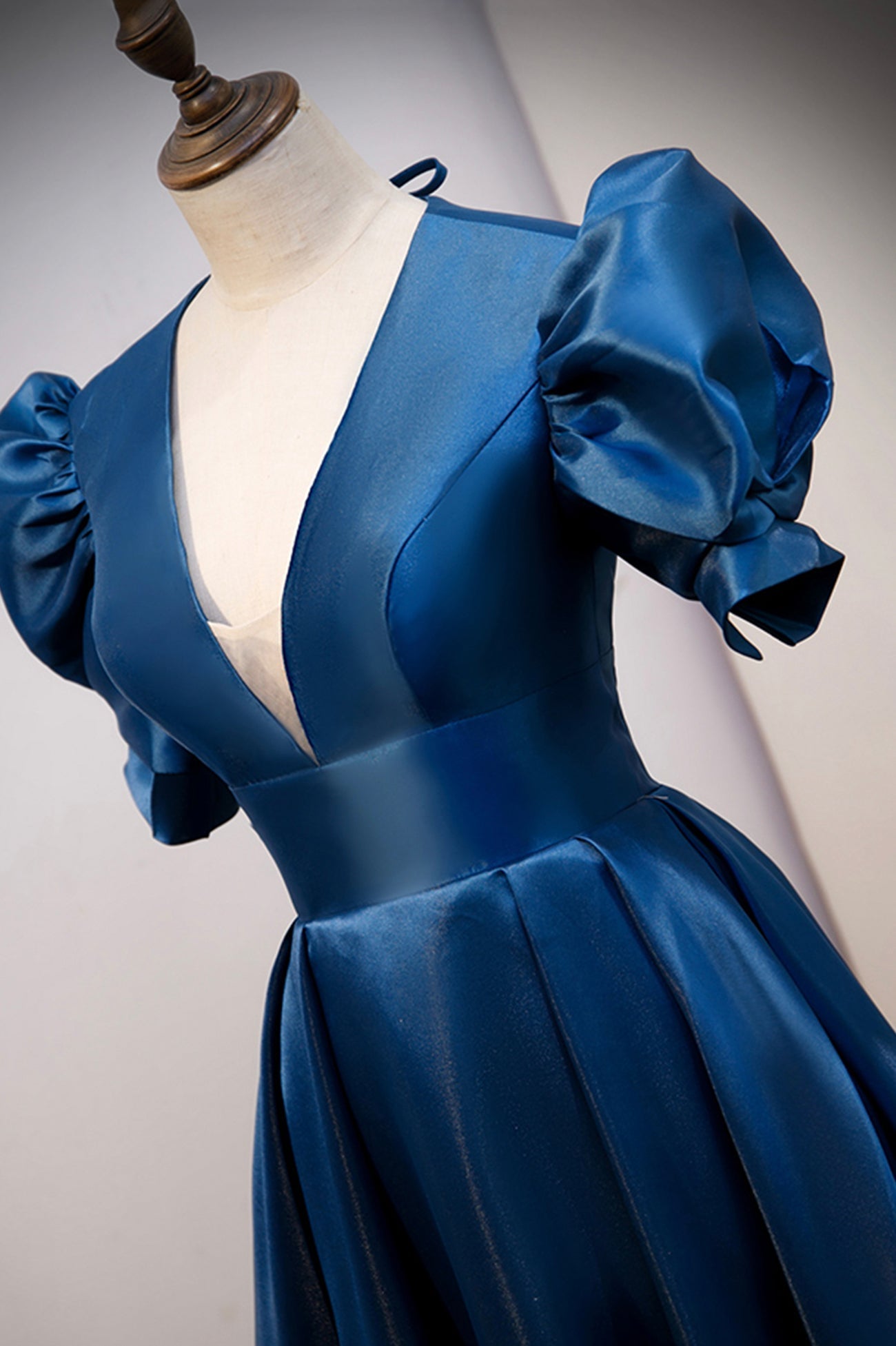 Prom Dresses 2023 Cheap, Blue Satin Long A-Line Prom Dress, Elegant Short Sleeve Party Dress