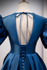 Prom Dresses Princess Style, Blue Satin Long A-Line Prom Dress, Elegant Short Sleeve Party Dress