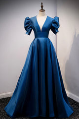 Prom Dresses Size 17, Blue Satin Long A-Line Prom Dress, Elegant Short Sleeve Party Dress