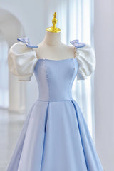 Bridesmaid Dresses With Sleeve, Blue Satin Long A-Line Prom Dress, Lovely Short Sleeve Formal Evening Dress