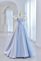 Bridesmaid Dress With Sleeve, Blue Satin Long A-Line Prom Dress, Lovely Short Sleeve Formal Evening Dress