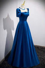 Party Dresses Indian, Blue Satin Long A-Line Prom Dress, Simple Blue Short Sleeve Evening Dress