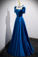 Party Dress Indian, Blue Satin Long A-Line Prom Dress, Simple Blue Short Sleeve Evening Dress