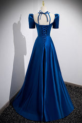 Party Dress Long Sleeve, Blue Satin Long A-Line Prom Dress, Simple Blue Short Sleeve Evening Dress