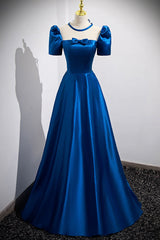 Party Dress Clubwear, Blue Satin Long A-Line Prom Dress, Simple Blue Short Sleeve Evening Dress