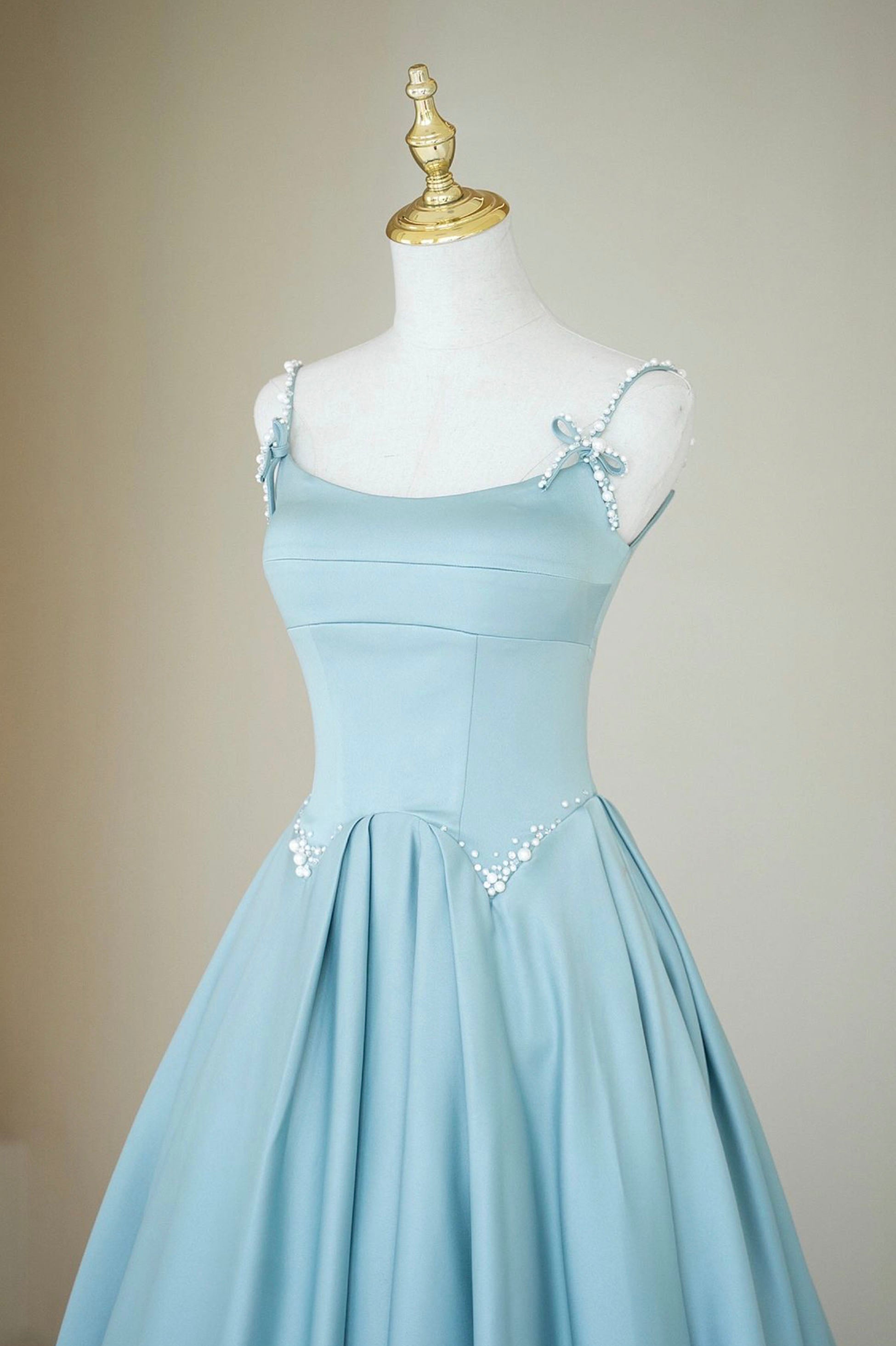 Party Dress Patterns, Blue Satin Long A-Line Prom Dress, Spaghetti Straps Evening Dress
