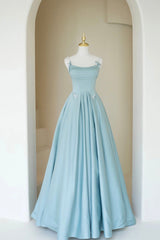 Party Dress Pattern, Blue Satin Long A-Line Prom Dress, Spaghetti Straps Evening Dress