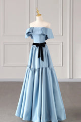 Wedding Decor, Blue Satin Long Formal Dress, Simple A-Line Strapless Prom Dress