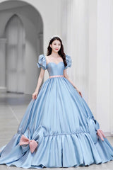 Fairy Dress, Blue Satin Long Princess Dress, Cute Short Sleeve Ball Gown Sweet 16 Dress