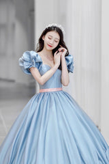 Yellow Dress, Blue Satin Long Princess Dress, Cute Short Sleeve Ball Gown Sweet 16 Dress