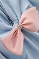 Black Tie Wedding Guest Dress, Blue Satin Long Princess Dress, Cute Short Sleeve Ball Gown Sweet 16 Dress