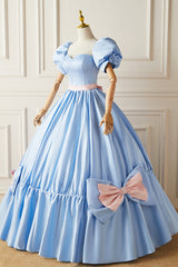 Bridesmaids Dresses Styles, Blue Satin Long Princess Dress, Lovely Short Sleeve Ball Gown Sweet 16 Dress