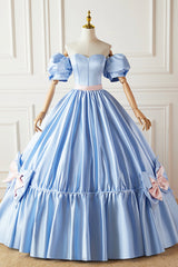 Bridesmaid Dresses Mismatch, Blue Satin Long Princess Dress, Lovely Short Sleeve Ball Gown Sweet 16 Dress