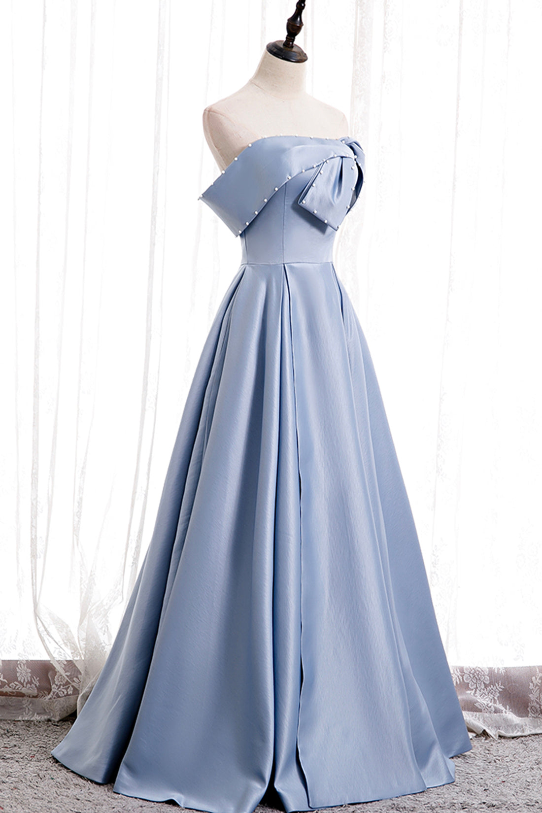 Bridesmaid Dress Color Palettes, Blue Satin Long Prom Dress with Pearls, Blue A-Line Strapless Party Dress