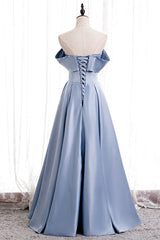 Bridesmaid Dresses Color Palette, Blue Satin Long Prom Dress with Pearls, Blue A-Line Strapless Party Dress