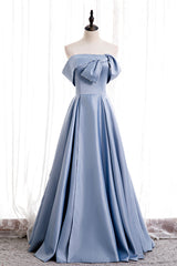 Bridesmaid Dresses Champagne, Blue Satin Long Prom Dress with Pearls, Blue A-Line Strapless Party Dress