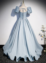 Party Dresses Casual, Blue Satin Long Prom Dress with Pearls, Blue Short Sleeves A-line Evening Dress