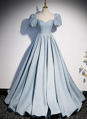 Party Dresses Outfit Ideas, Blue Satin Long Prom Dress with Pearls, Blue Short Sleeves A-line Evening Dress